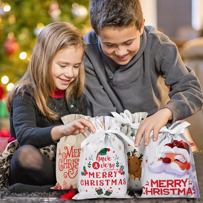 2024 Big Christmas Drawstring Gift Bag Candy Cookie Packaging Bag Noel Merry Christmas Home Decoration New Year 2025 Kids Favor