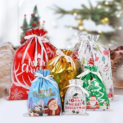 2024 Big Christmas Drawstring Gift Bag Candy Cookie Packaging Bag Noel Merry Christmas Home Decoration New Year 2025 Kids Favor