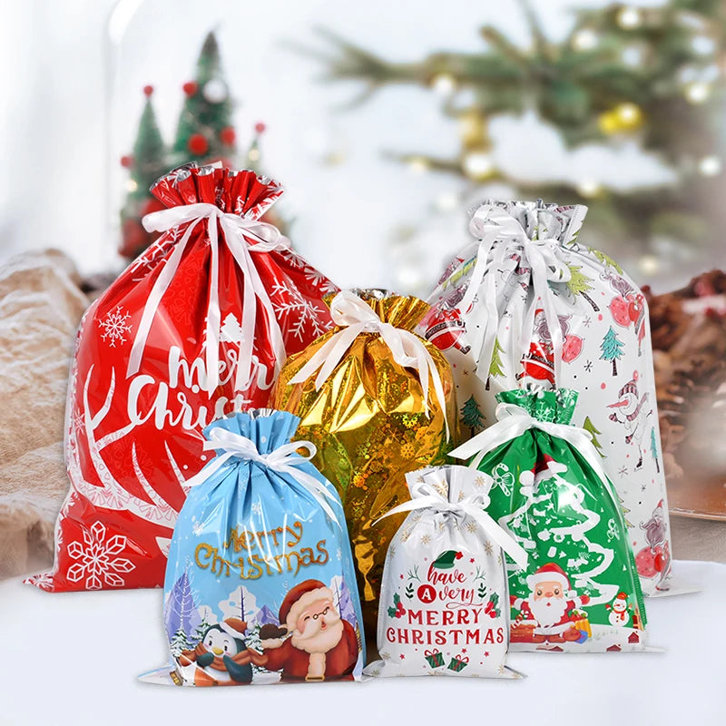 2024 Big Christmas Drawstring Gift Bag Candy Cookie Packaging Bag Noel Merry Christmas Home Decoration New Year 2025 Kids Favor