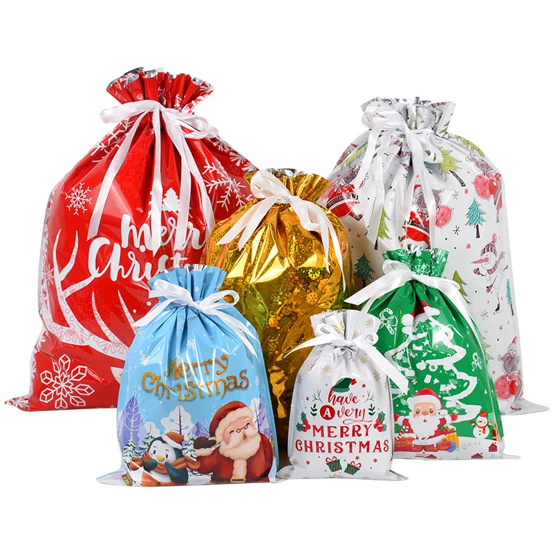 2024 Big Christmas Drawstring Gift Bag Candy Cookie Packaging Bag Noel Merry Christmas Home Decoration New Year 2025 Kids Favor
