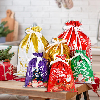 2024 Big Christmas Drawstring Gift Bag Candy Cookie Packaging Bag Noel Merry Christmas Home Decoration New Year 2025 Kids Favor