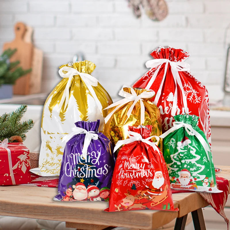 2024 Big Christmas Drawstring Gift Bag Candy Cookie Packaging Bag Noel Merry Christmas Home Decoration New Year 2025 Kids Favor