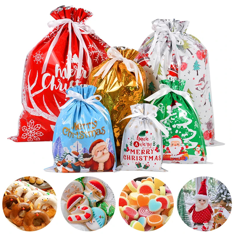 2024 Big Christmas Drawstring Gift Bag Candy Cookie Packaging Bag Noel Merry Christmas Home Decoration New Year 2025 Kids Favor
